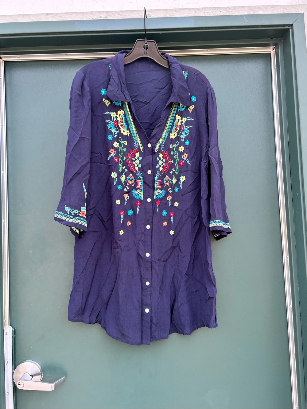 Johnny Was Navy Embroidered Long-Sleeve Tunic Dress